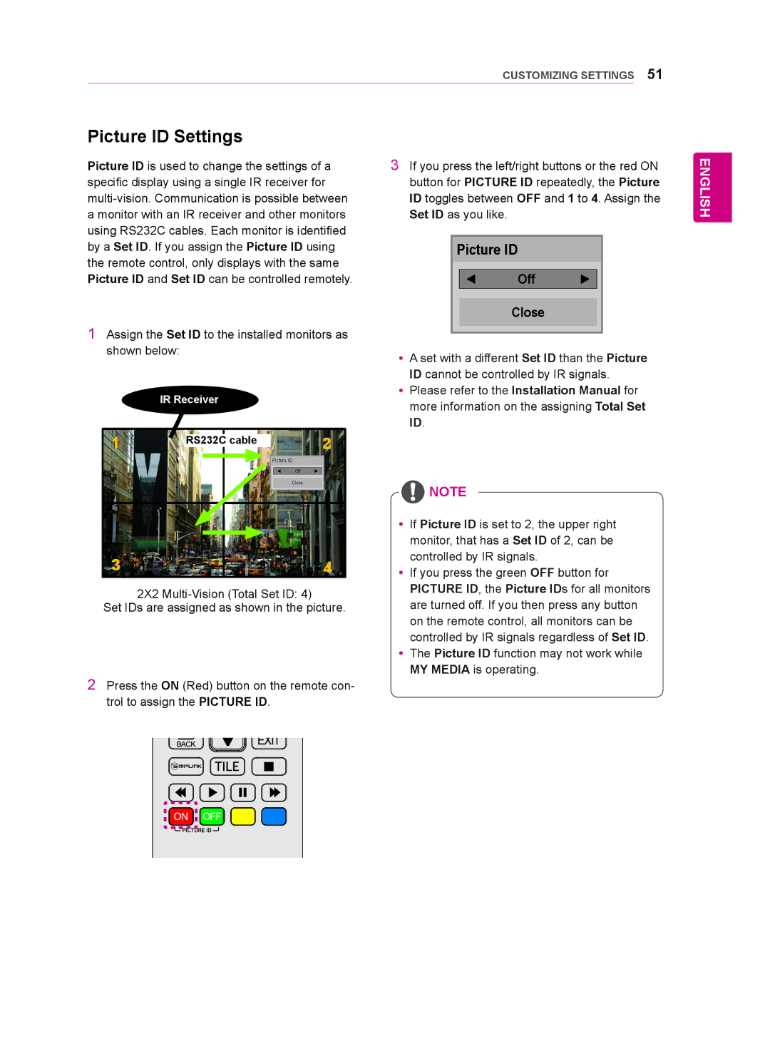 LG Electronics 55WT30MS, 42WT30MS, 47WT30MS owner manual Picture ID Settings, RS232C cable 