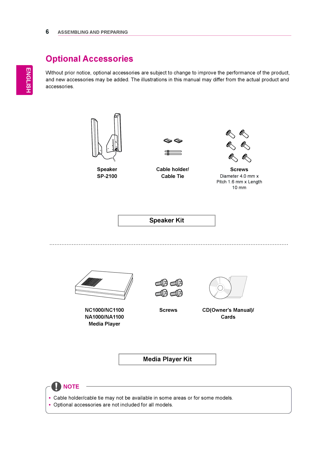 LG Electronics 55WT30MS, 42WT30MS, 47WT30MS owner manual Optional Accessories, Speaker Cable holder, SP-2100 Cable Tie 