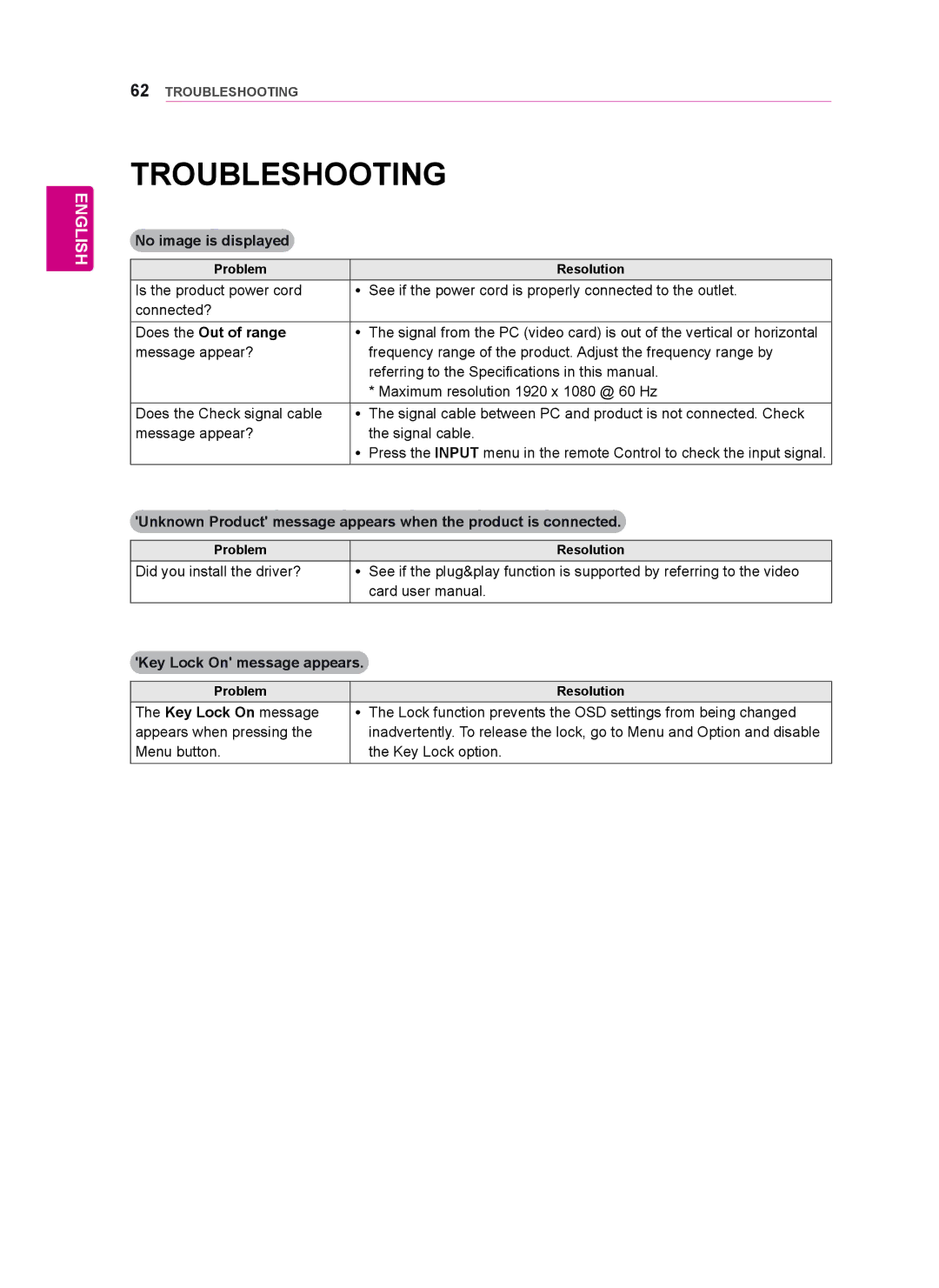 LG Electronics 47WT30MS, 55WT30MS Troubleshooting, No image is displayed, Does the Out of range, Key Lock On message 