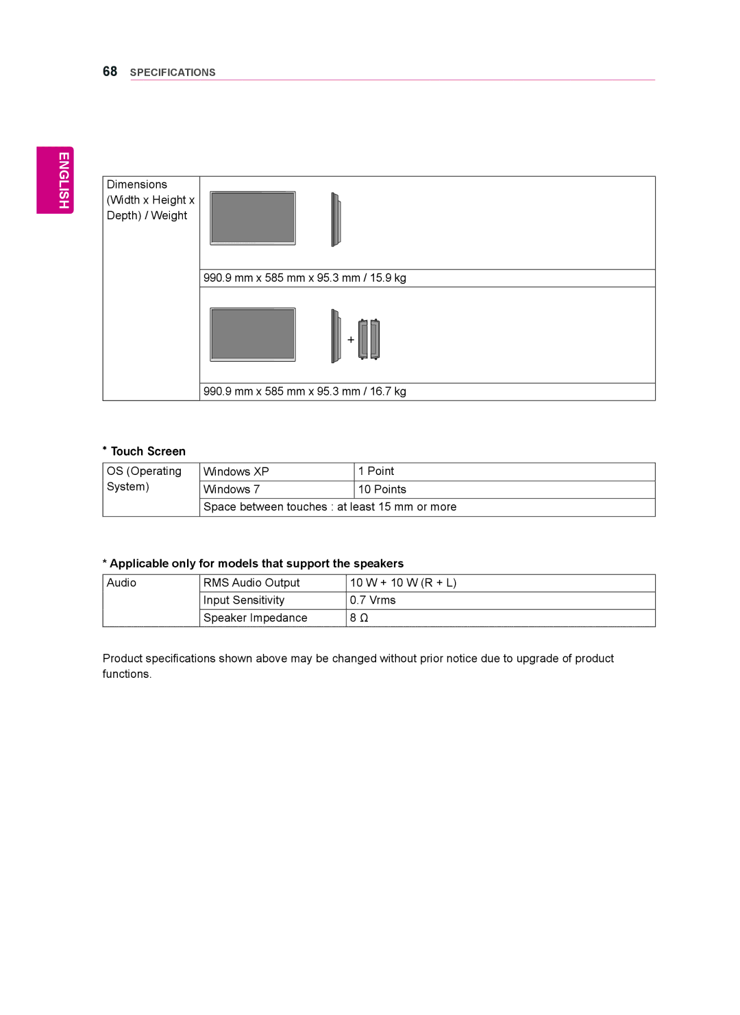 LG Electronics 47WT30MS, 55WT30MS, 42WT30MS owner manual Applicable only for models that support the speakers 