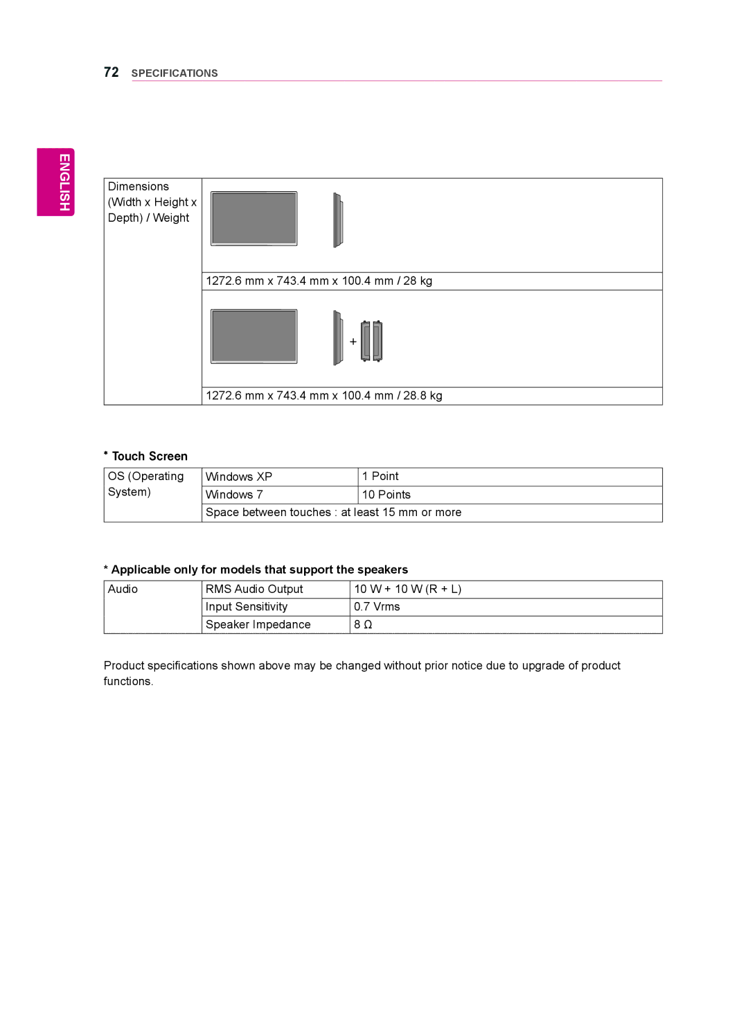 LG Electronics 55WT30MS, 42WT30MS, 47WT30MS owner manual Mm x 743.4 mm x 100.4 mm / 28 kg 