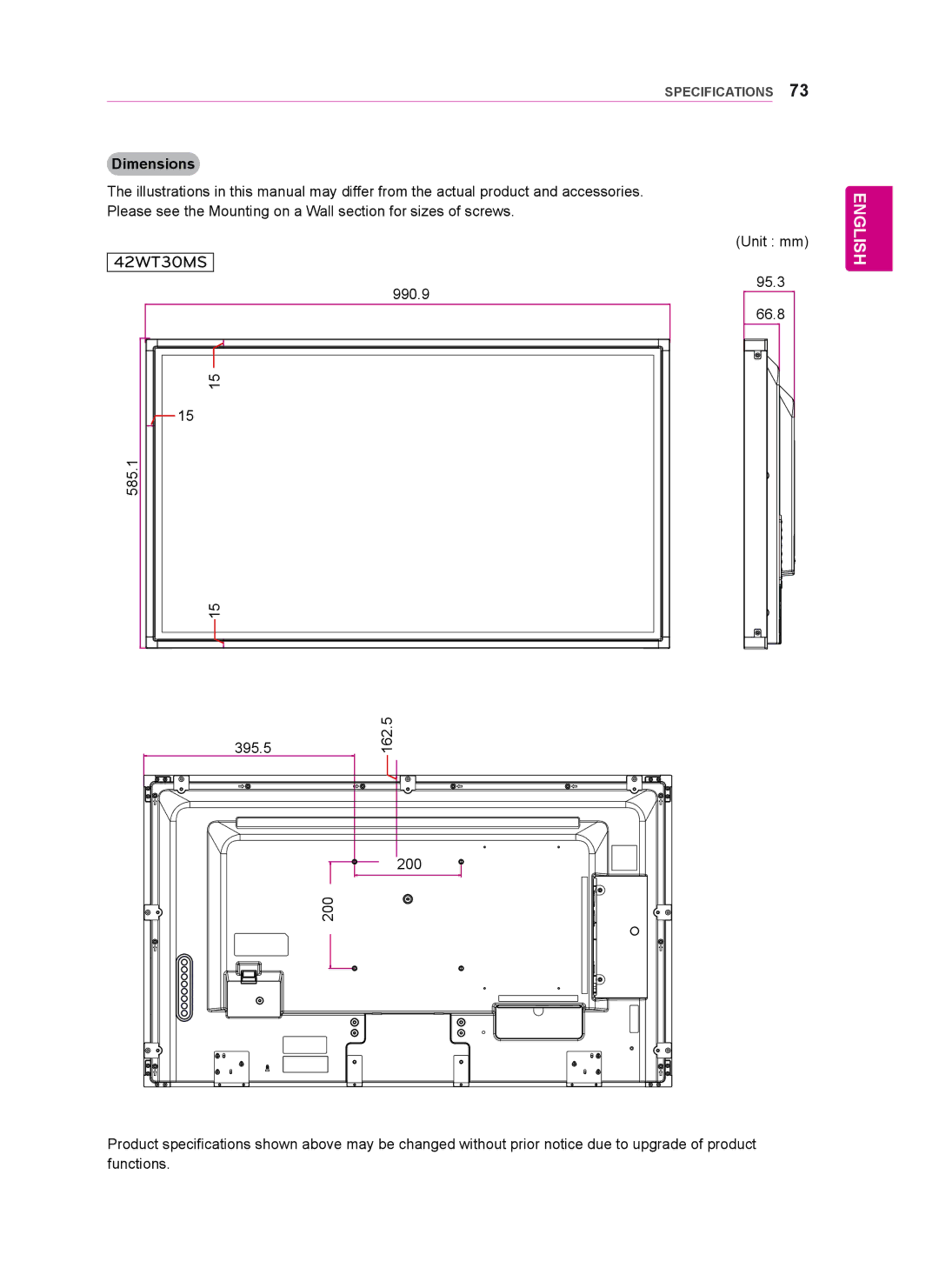 LG Electronics 42WT30MS, 55WT30MS, 47WT30MS owner manual Dimensions 