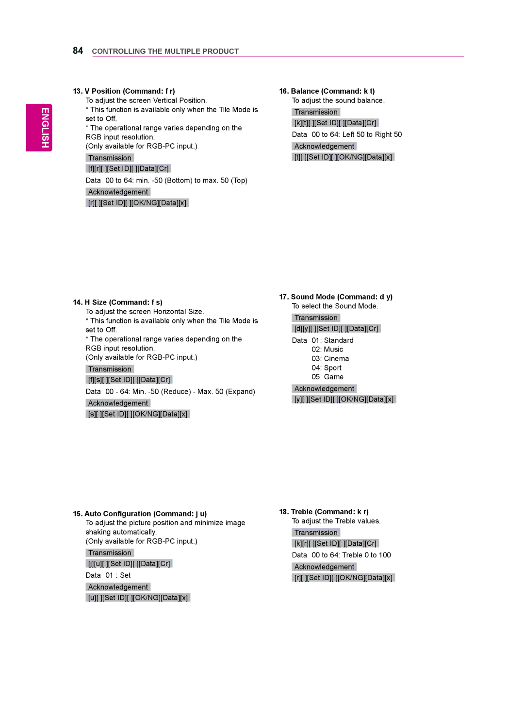 LG Electronics 55WT30MS Position Command f r, Size Command f s, Auto Configuration Command j u, Treble Command k r 