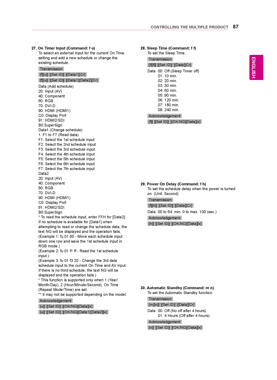 LG Electronics 55WT30MS, 42WT30MS, 47WT30MS On Timer Input Command f u Sleep Time Command f f, Power On Delay Command f h 