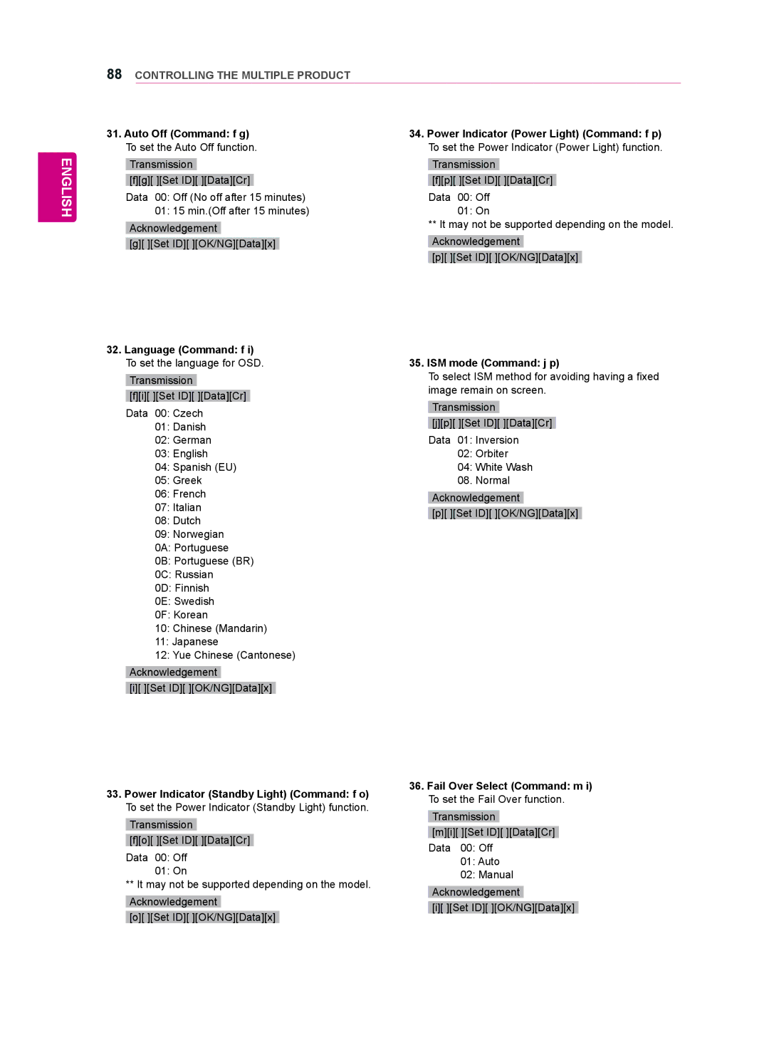 LG Electronics 42WT30MS, 55WT30MS, 47WT30MS Language Command f i To set the language for OSD, ISM mode Command j p 