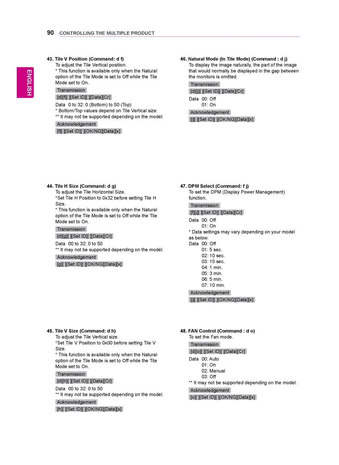 LG Electronics 55WT30MS, 42WT30MS Tile H Size Command d g, Natural Mode In Tile Mode Command d j, DPM Select Command f j 