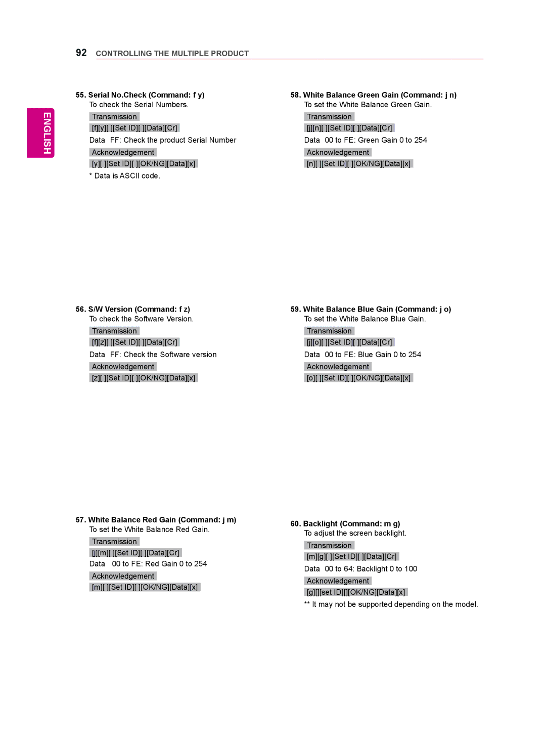 LG Electronics 47WT30MS, 55WT30MS, 42WT30MS owner manual Serial No.Check Command f y To check the Serial Numbers 