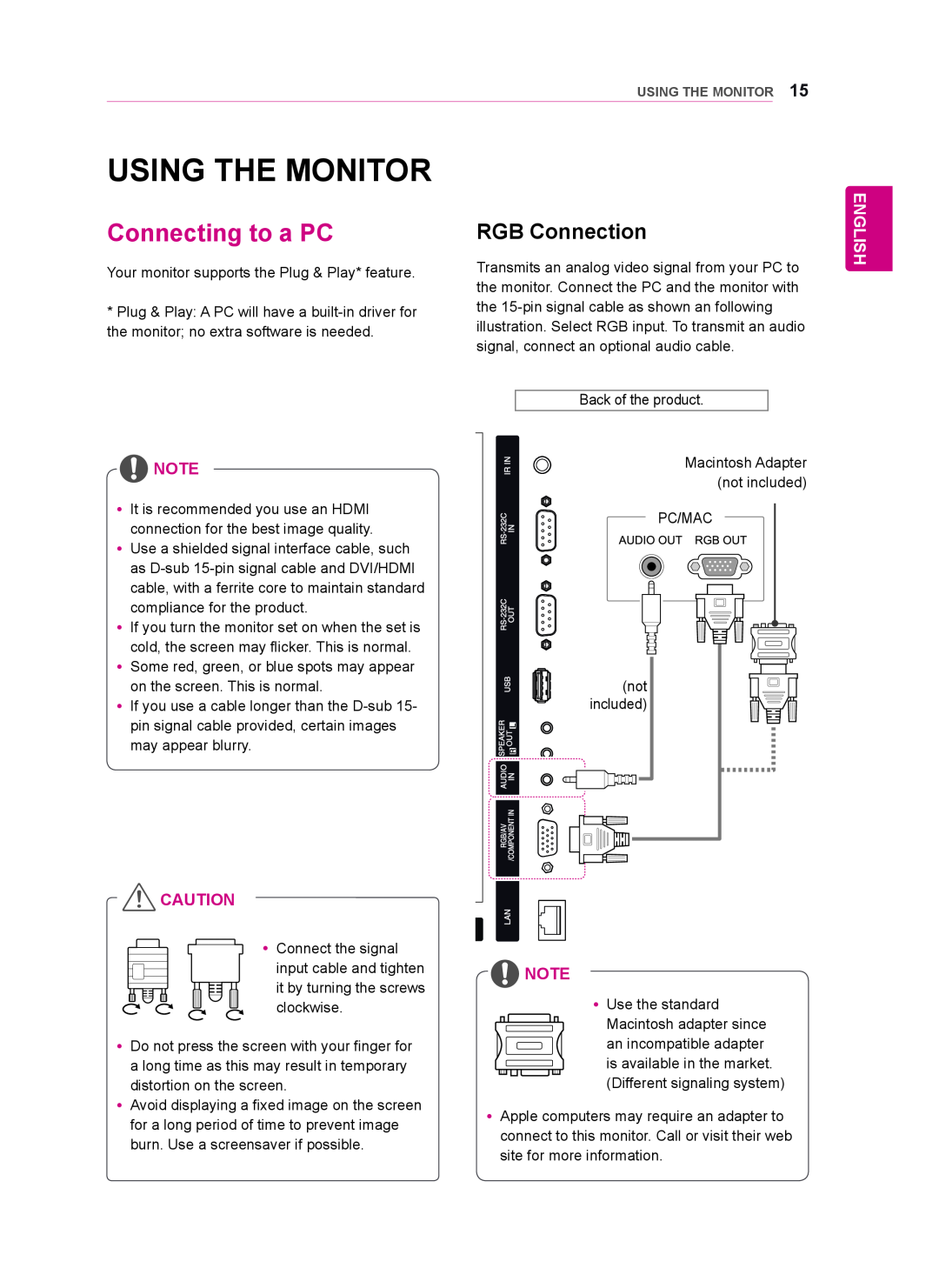 LG Electronics 55WT30MS, 42WT30MS, 47WT30MS owner manual Using The Monitor, Connecting to a PC, RGB Connection, English 
