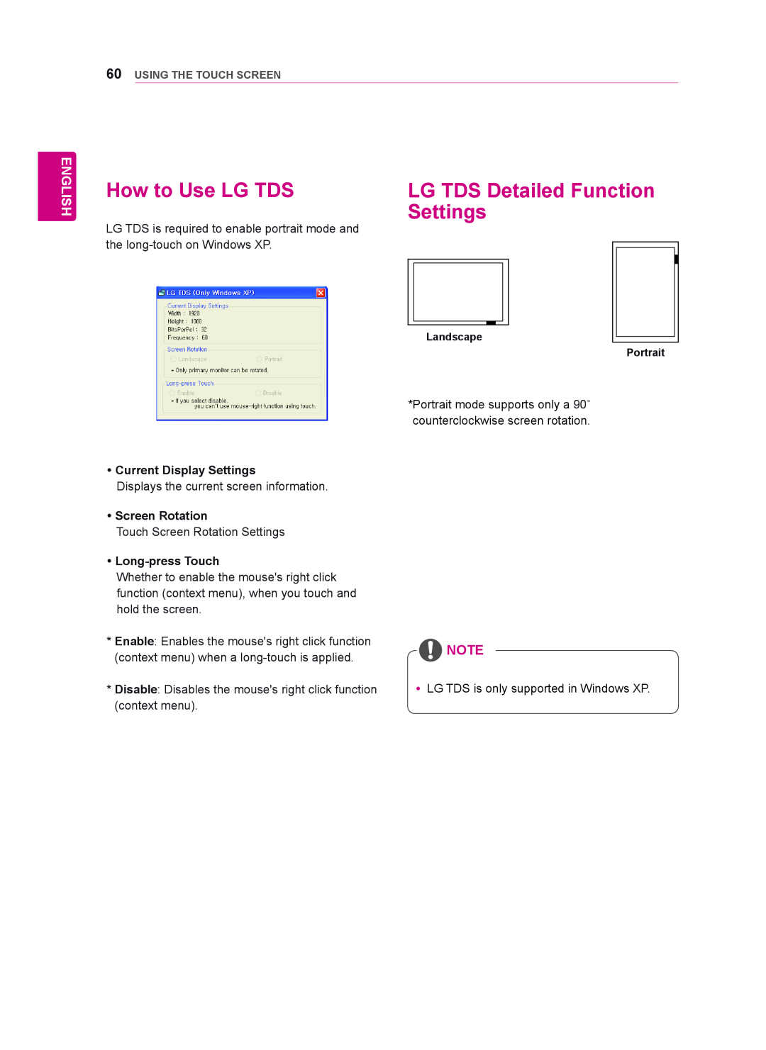 LG Electronics 55WT30MS, 42WT30MS How to Use LG TDS, LG TDS Detailed Function, English,  Current Display Settings 