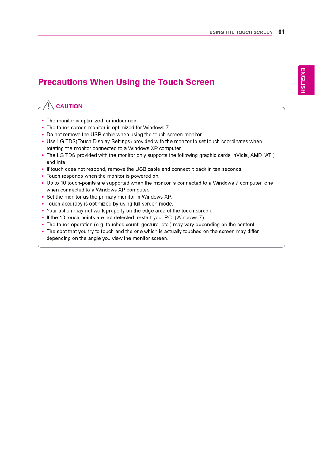LG Electronics 42WT30MS, 55WT30MS, 47WT30MS owner manual Precautions When Using the Touch Screen, English 