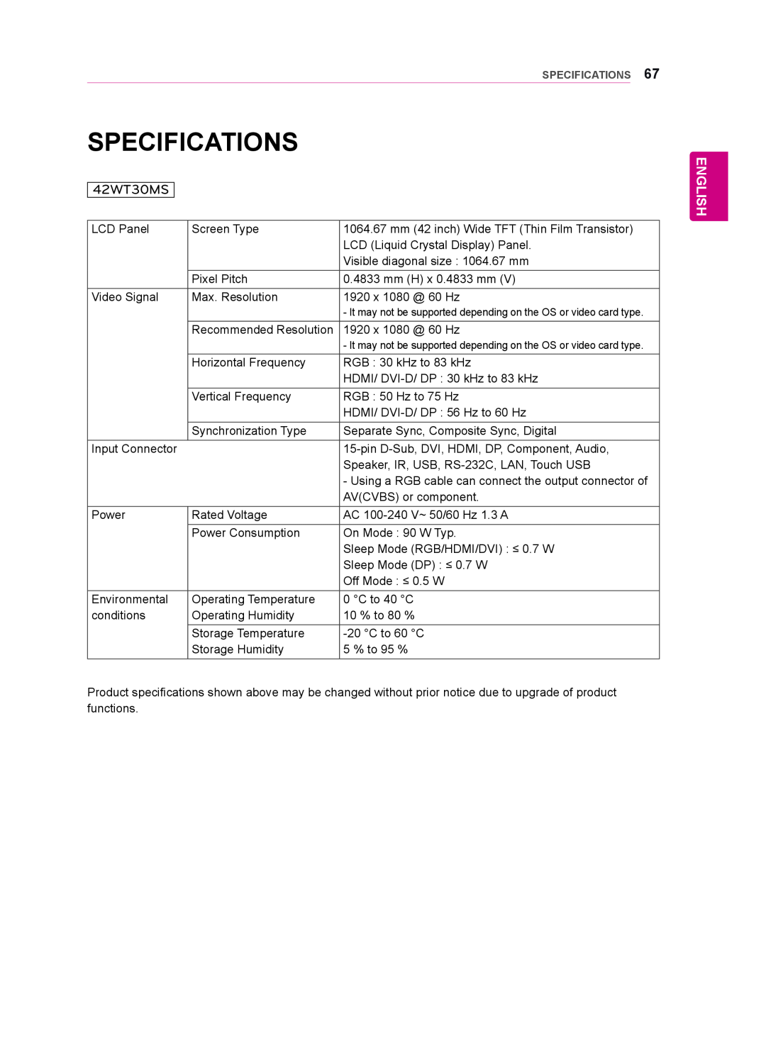 LG Electronics 42WT30MS, 55WT30MS, 47WT30MS owner manual Specifications, English 