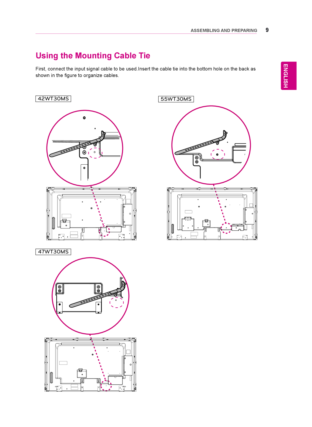LG Electronics 55WT30MS owner manual Using the Mounting Cable Tie, English, 42WT30MS, 47WT30MS, Assembling And Preparing 