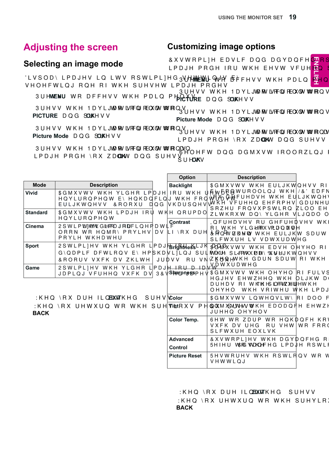 LG Electronics 55WV70MS, 55WV70BS owner manual Adjusting the screen, Selecting an image mode, Customizing image options 