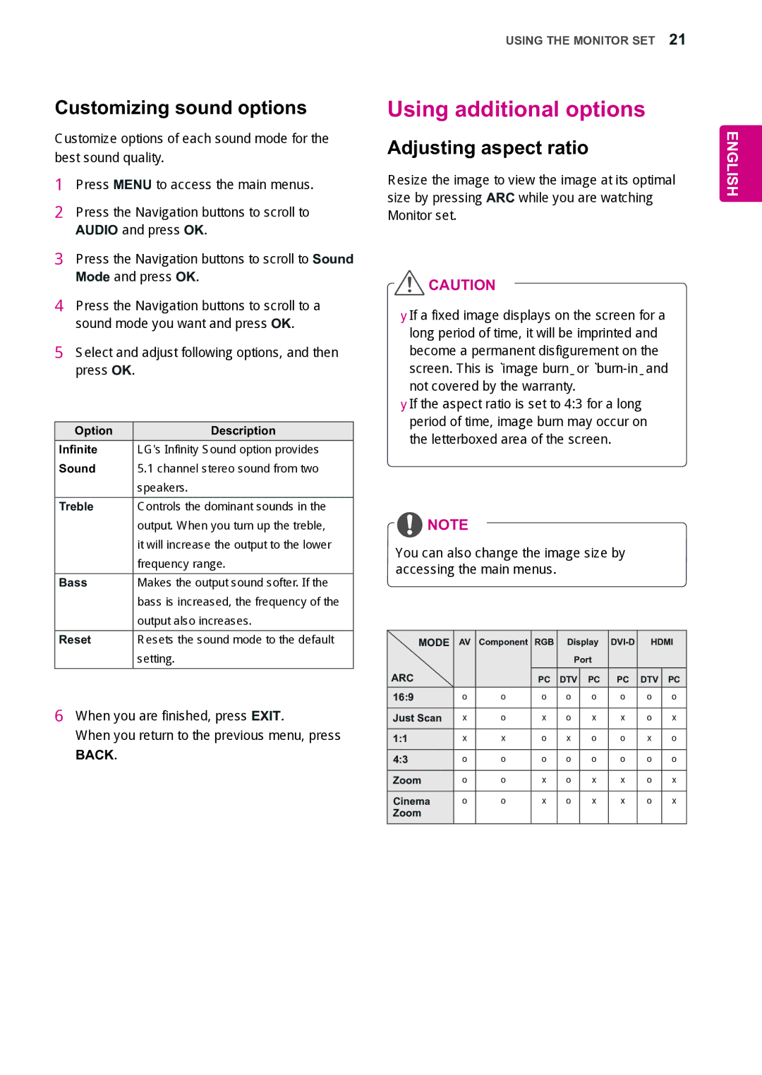 LG Electronics 55WV70MS, 55WV70BS owner manual Using additional options, Customizing sound options, Adjusting aspect ratio 