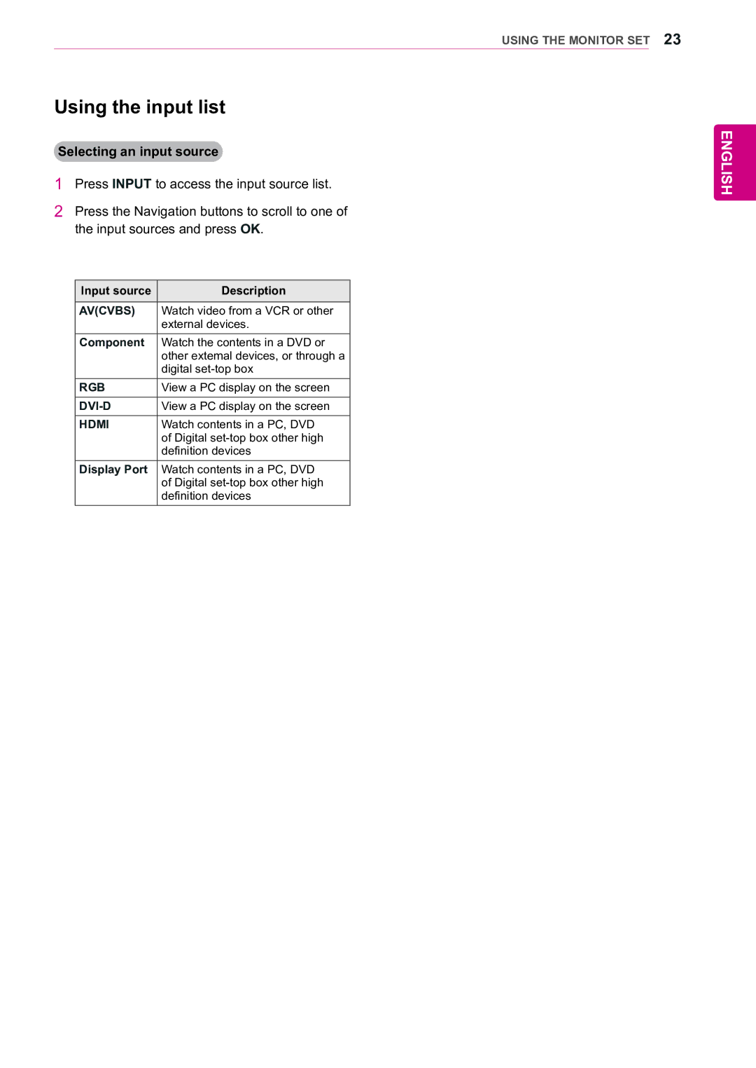 LG Electronics 55WV70MS, 55WV70BS owner manual Using the input list, Selecting an input source 