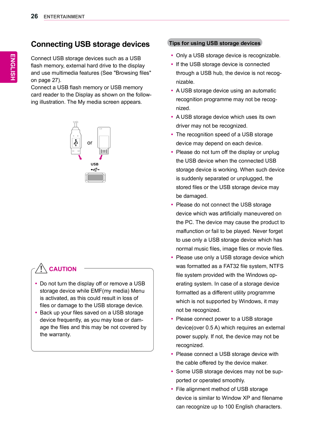 LG Electronics 55WV70BS Connecting USB storage devices, Age the files and this may be not covered by the warranty 