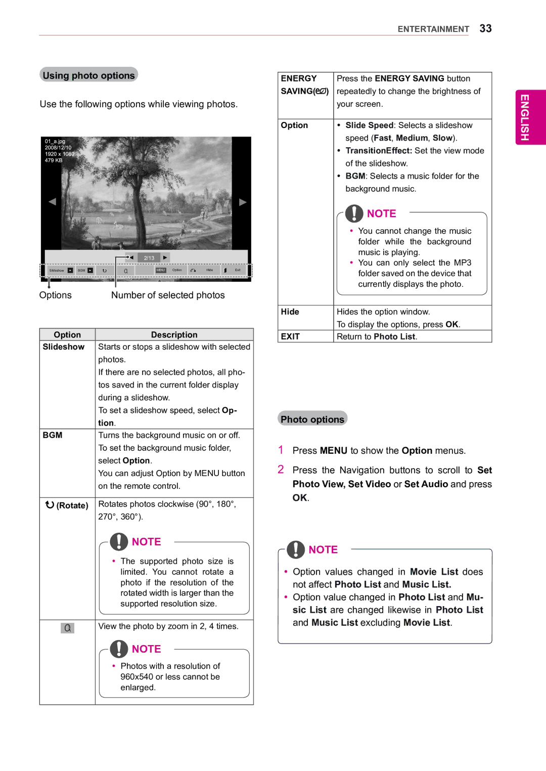 LG Electronics 55WV70MS, 55WV70BS Using photo options, Use the following options while viewing photos, Photo options, Bgm 