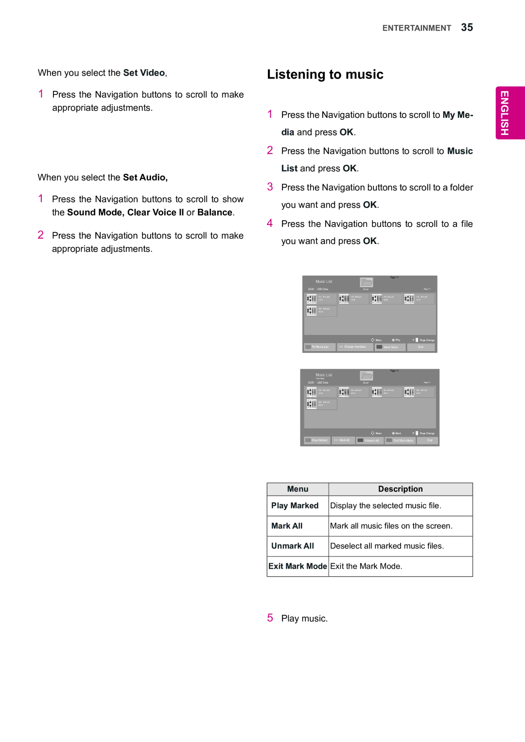 LG Electronics 55WV70MS, 55WV70BS owner manual Listening to music, Sound Mode, Clear Voice II or Balance 