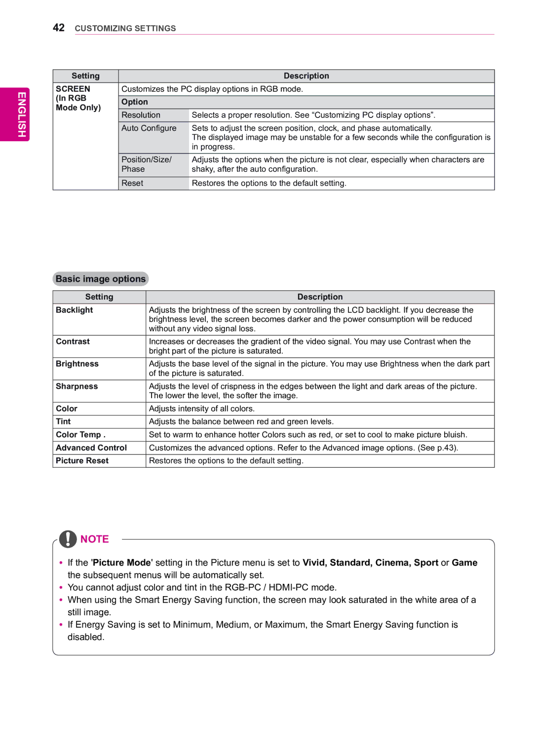 LG Electronics 55WV70BS, 55WV70MS owner manual Basic image options, Screen 