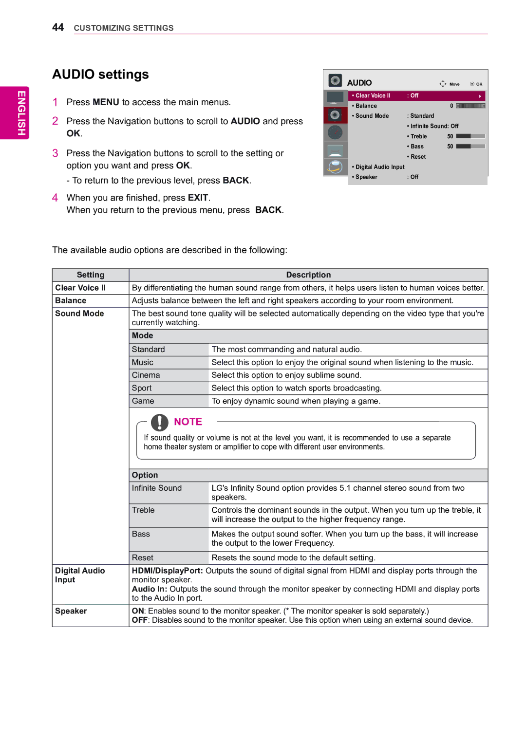 LG Electronics 55WV70BS, 55WV70MS owner manual Audio settings 