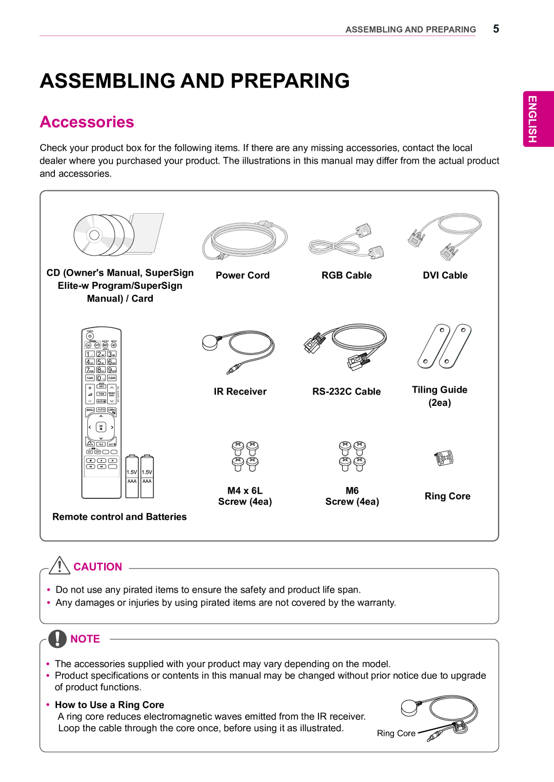 LG Electronics 55WV70MS, 55WV70BS owner manual Assembling and Preparing, Accessories 