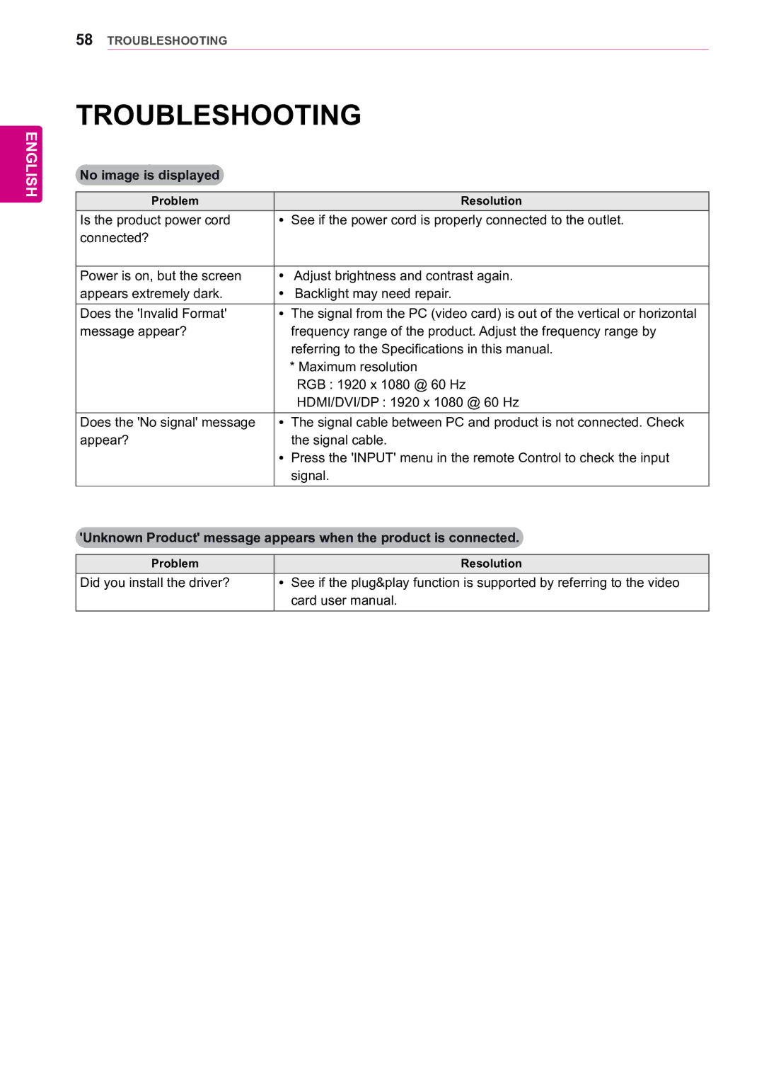 LG Electronics 55WV70BS, 55WV70MS owner manual Troubleshooting, No image is displayed, Problem Resolution 