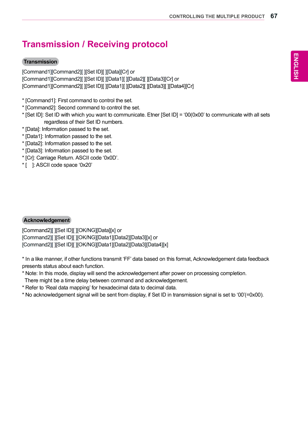 LG Electronics 55WV70MS, 55WV70BS Transmission / Receiving protocol, Acknowledgement, Command2 Set ID OK/NGDatax or 