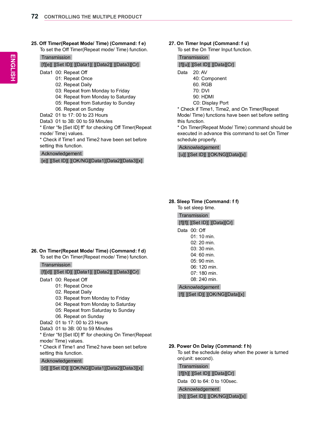 LG Electronics 55WV70BS, 55WV70MS owner manual Sleep Time Command f f To set sleep time, Power On Delay Command f h 