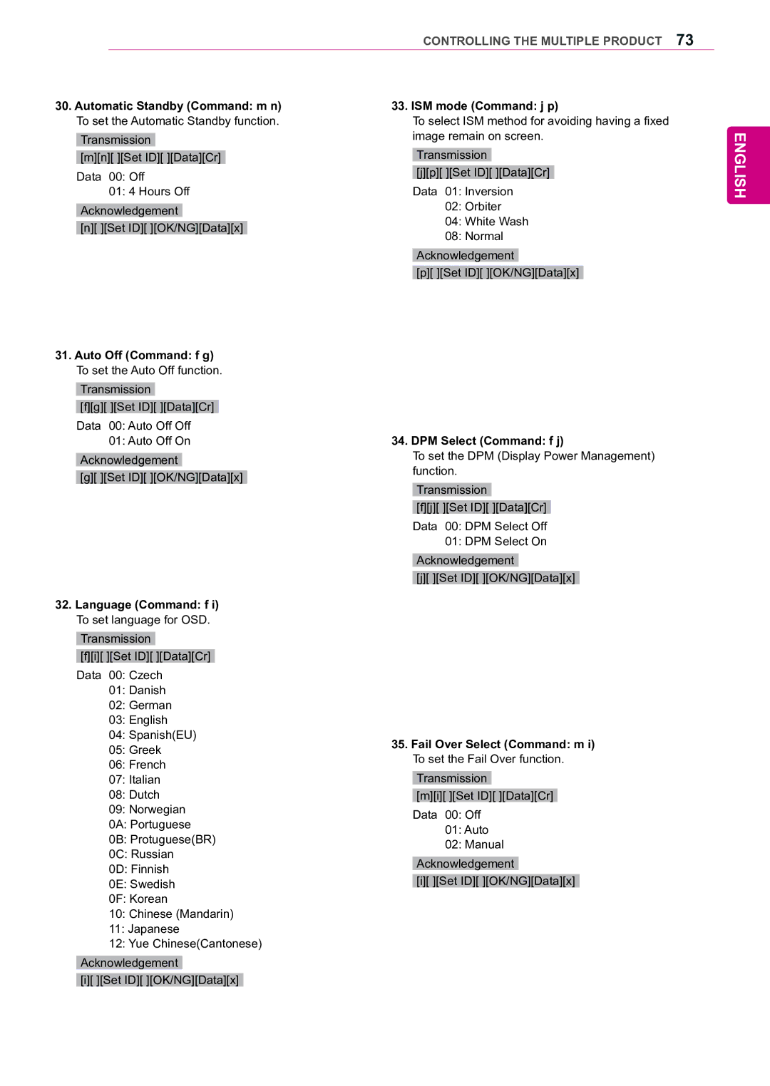 LG Electronics 55WV70MS Automatic Standby Command m n ISM mode Command j p, Auto Off Command f g, DPM Select Command f j 