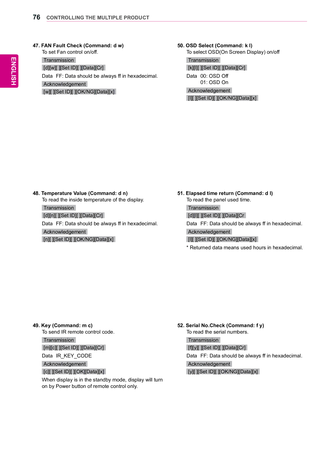 LG Electronics 55WV70BS, 55WV70MS FAN Fault Check Command d w To set Fan control on/off, Temperature Value Command d n 