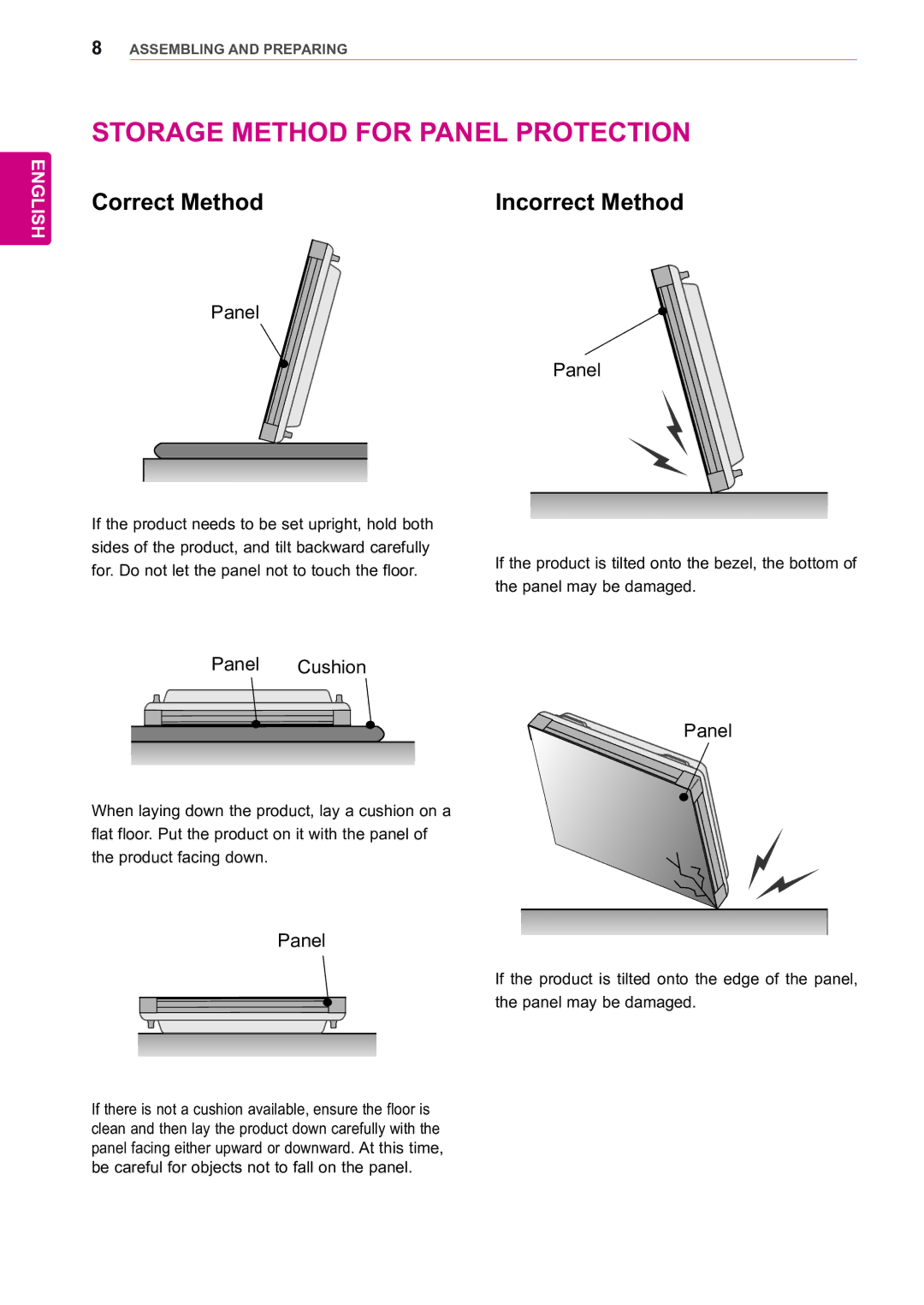 LG Electronics 55WV70BS, 55WV70MS owner manual Storage Method for Panel Protection, Correct Method Incorrect Method 