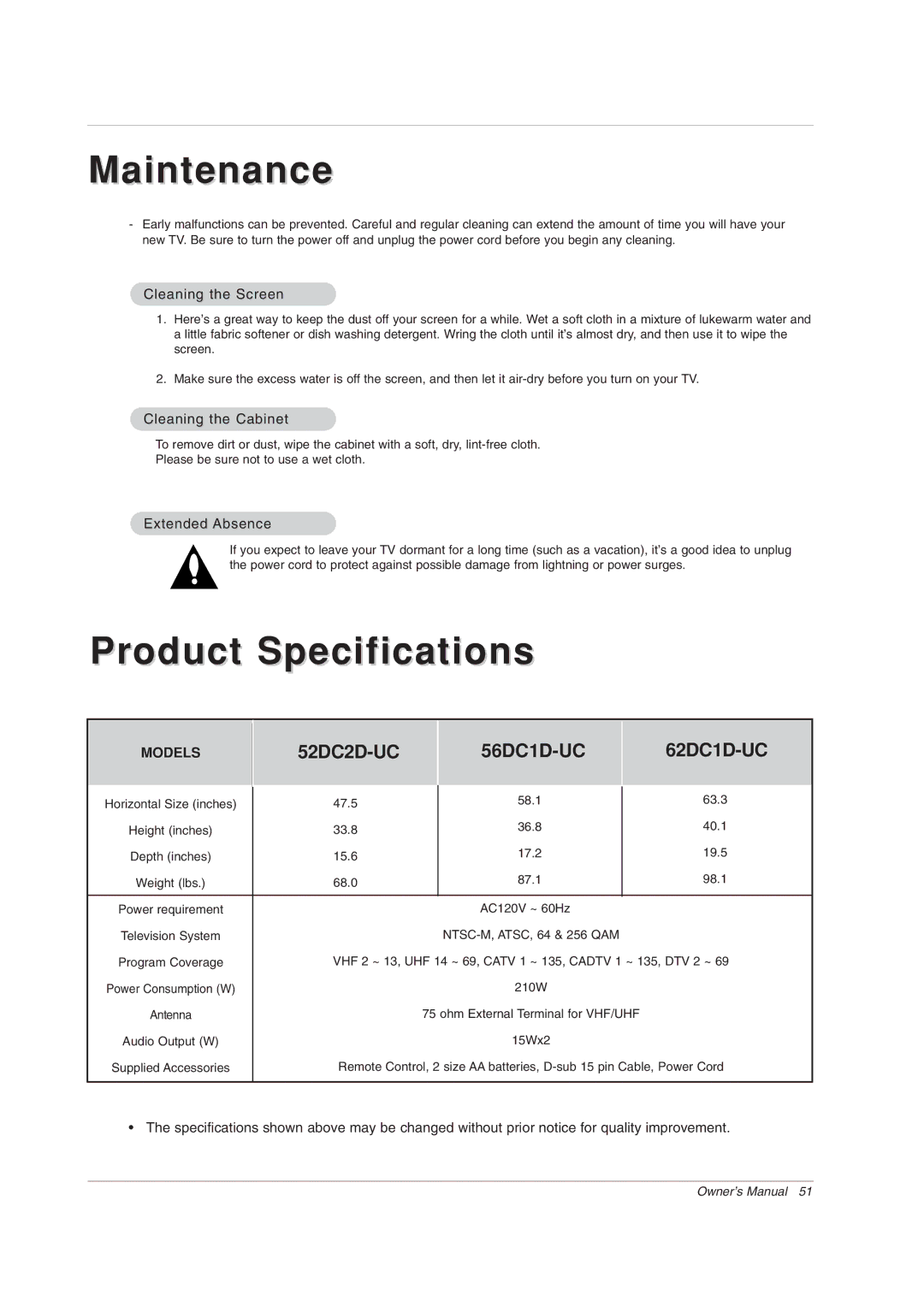 LG Electronics 62DC1D, 56DC1D owner manual Cleaning the Screen, Cleaning the Cabinet, Extended Absence 