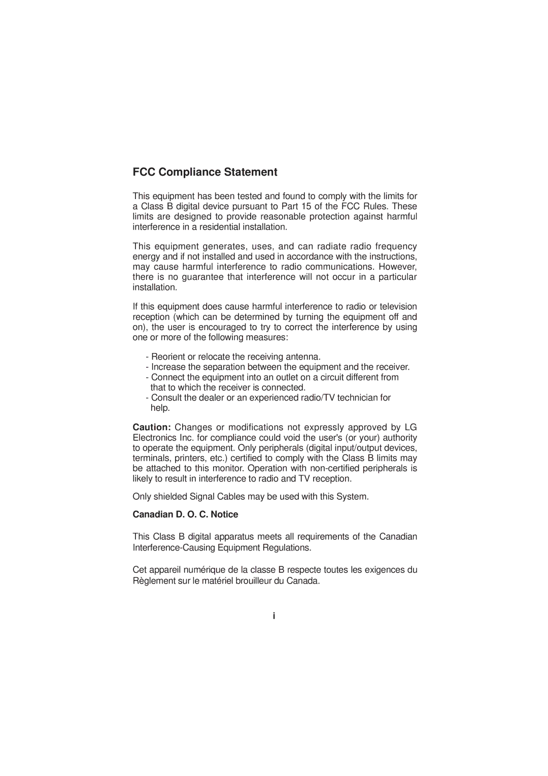 LG Electronics 57M manuel dutilisation FCC Compliance Statement, Canadian D. O. C. Notice 