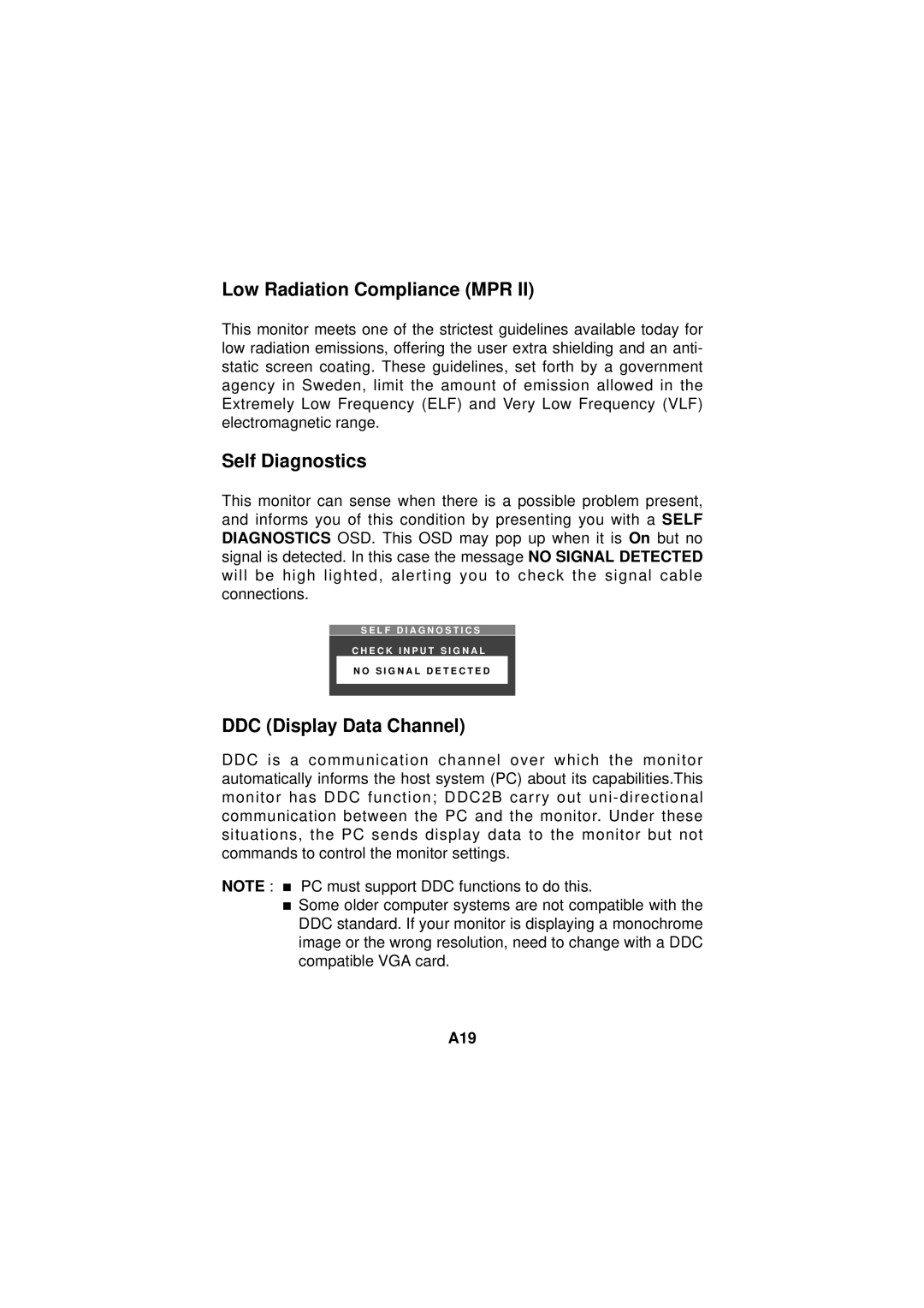 LG Electronics 57M manuel dutilisation Low Radiation Compliance MPR, Self Diagnostics, DDC Display Data Channel, A19 