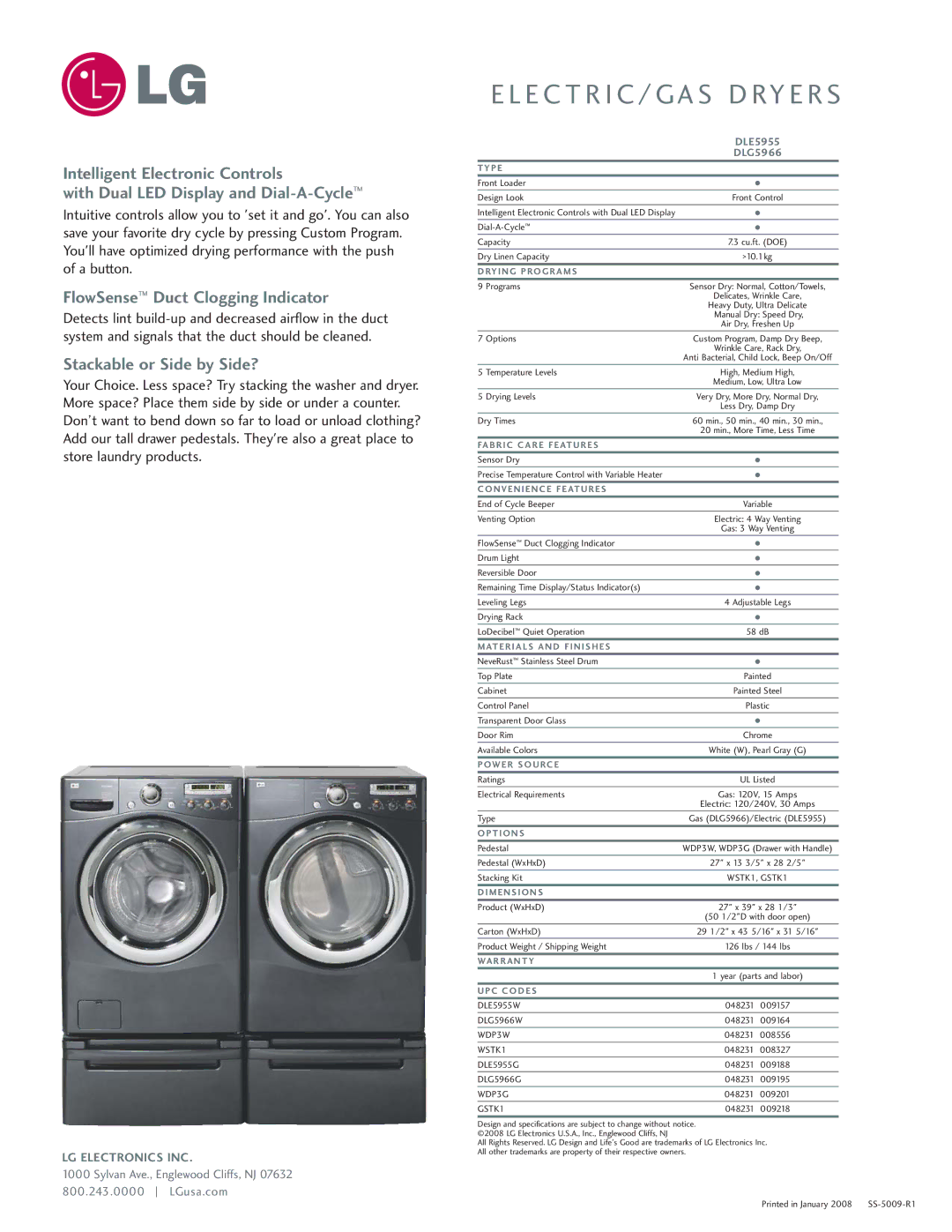 LG Electronics 5966 manual FlowSense Duct Clogging Indicator, Stackable or Side by Side? 