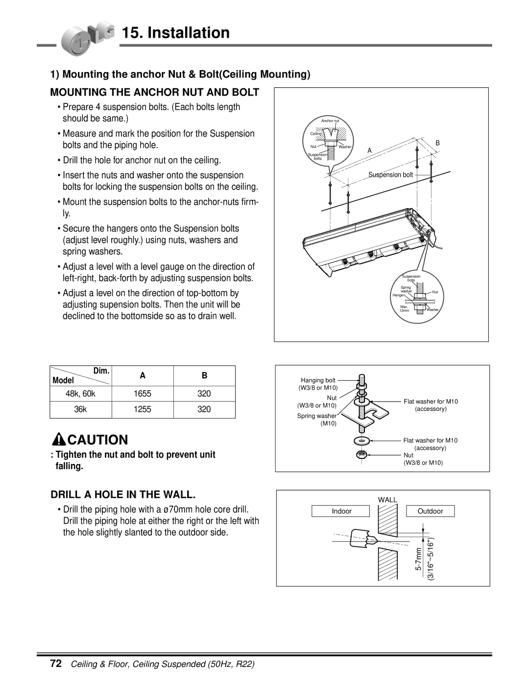 LG Electronics 5CSV2-03A manual Mounting the anchor Nut & BoltCeiling Mounting, Dim Model 48k, 60k 1655 320 