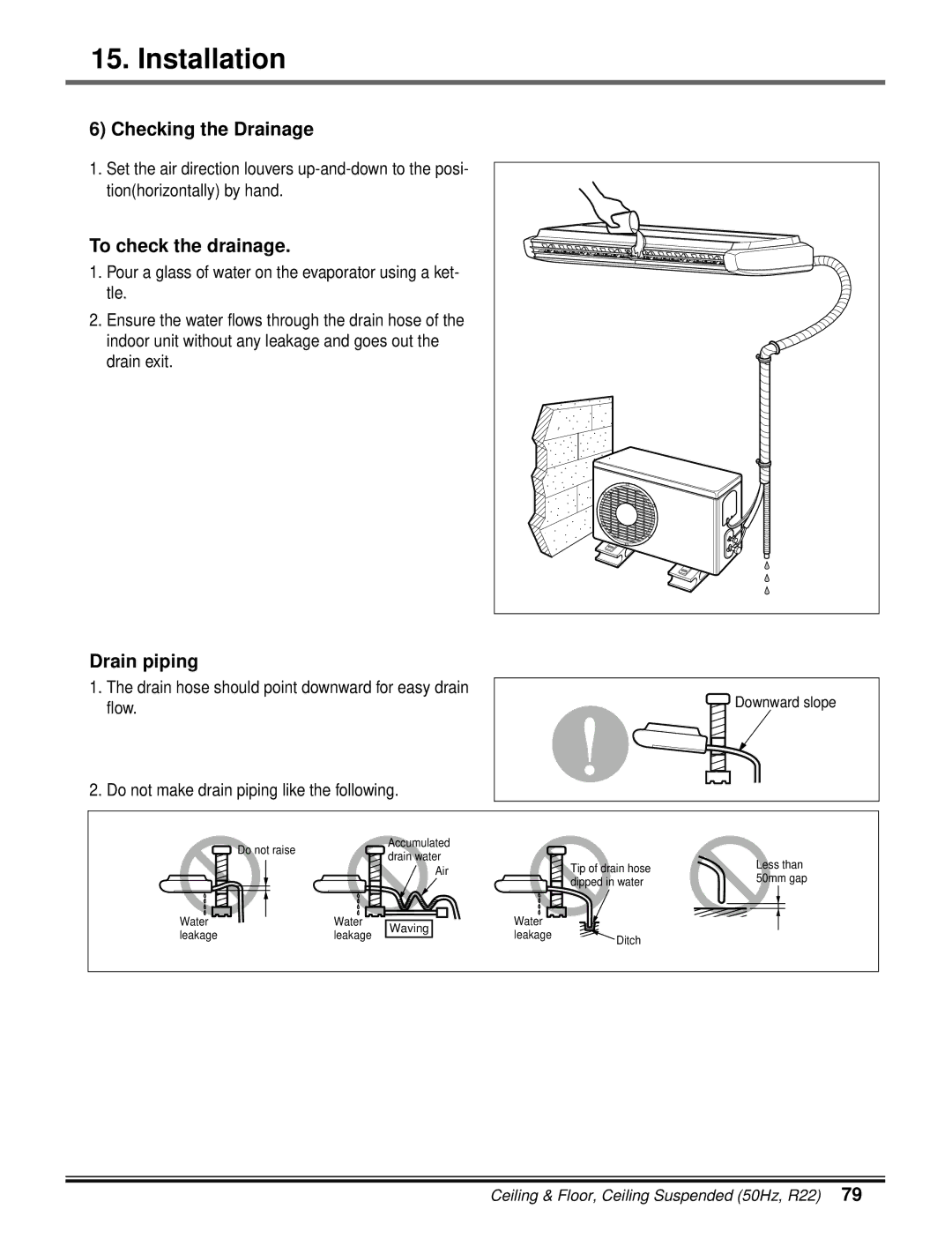 LG Electronics 5CSV2-03A manual Checking the Drainage, To check the drainage, Drain piping 