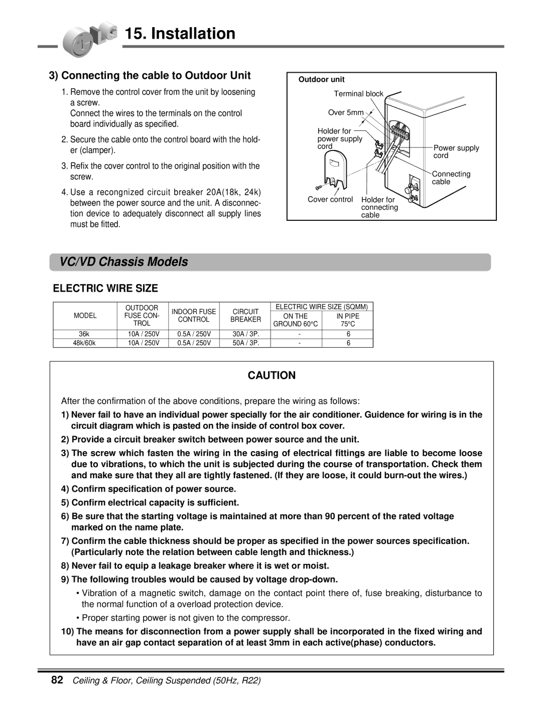 LG Electronics 5CSV2-03A manual Connecting the cable to Outdoor Unit, Electric Wire Size 