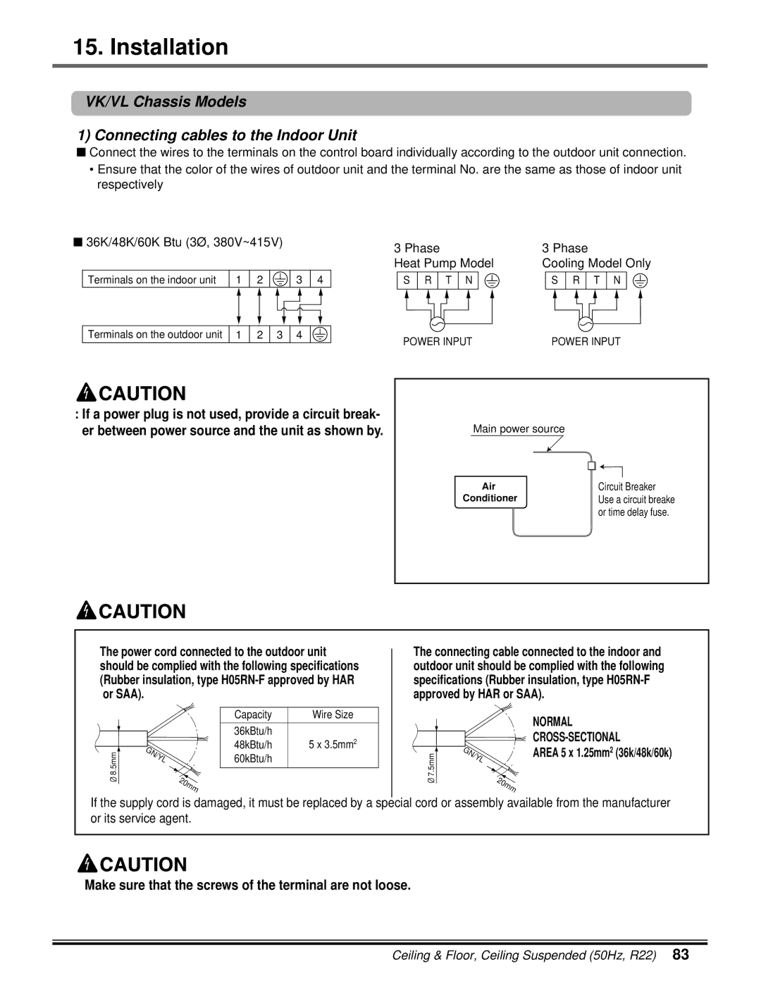 LG Electronics 5CSV2-03A manual VK/VL Chassis Models Connecting cables to the Indoor Unit 