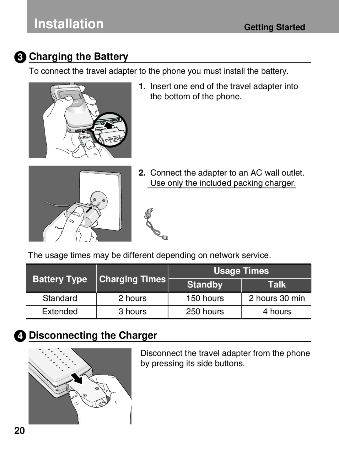 LG Electronics 600 user manual Charging the Battery, Disconnecting the Charger 