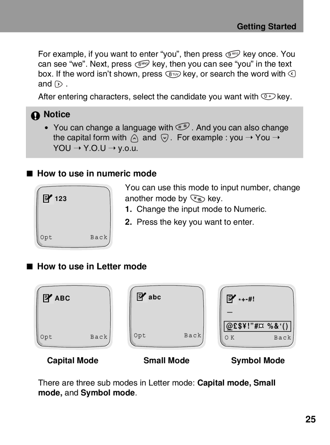 LG Electronics 600 user manual How to use in numeric mode, How to use in Letter mode, Capital Mode Small Mode Symbol Mode 