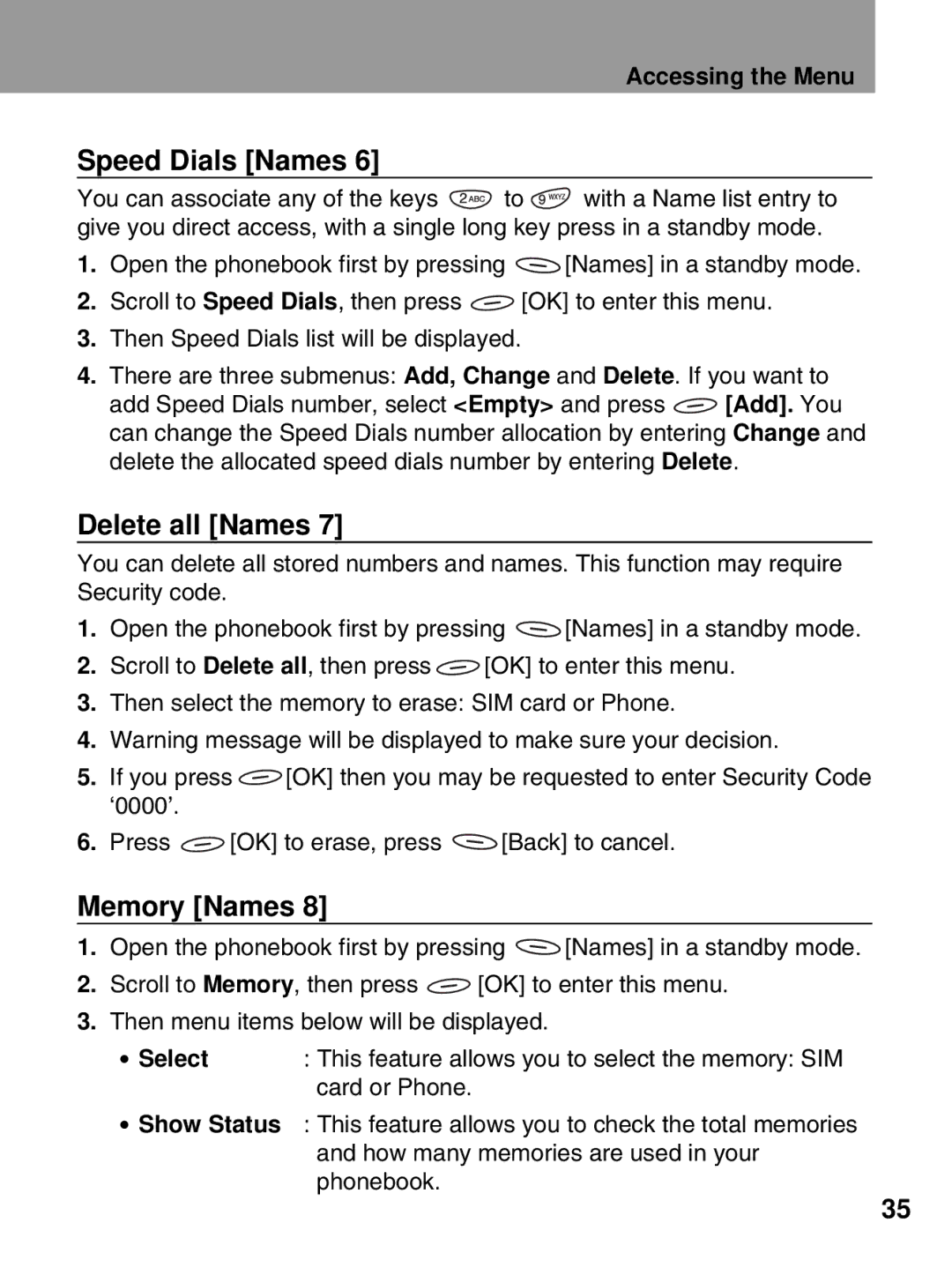 LG Electronics 600 user manual Speed Dials Names, Delete all Names, Memory Names, Select 