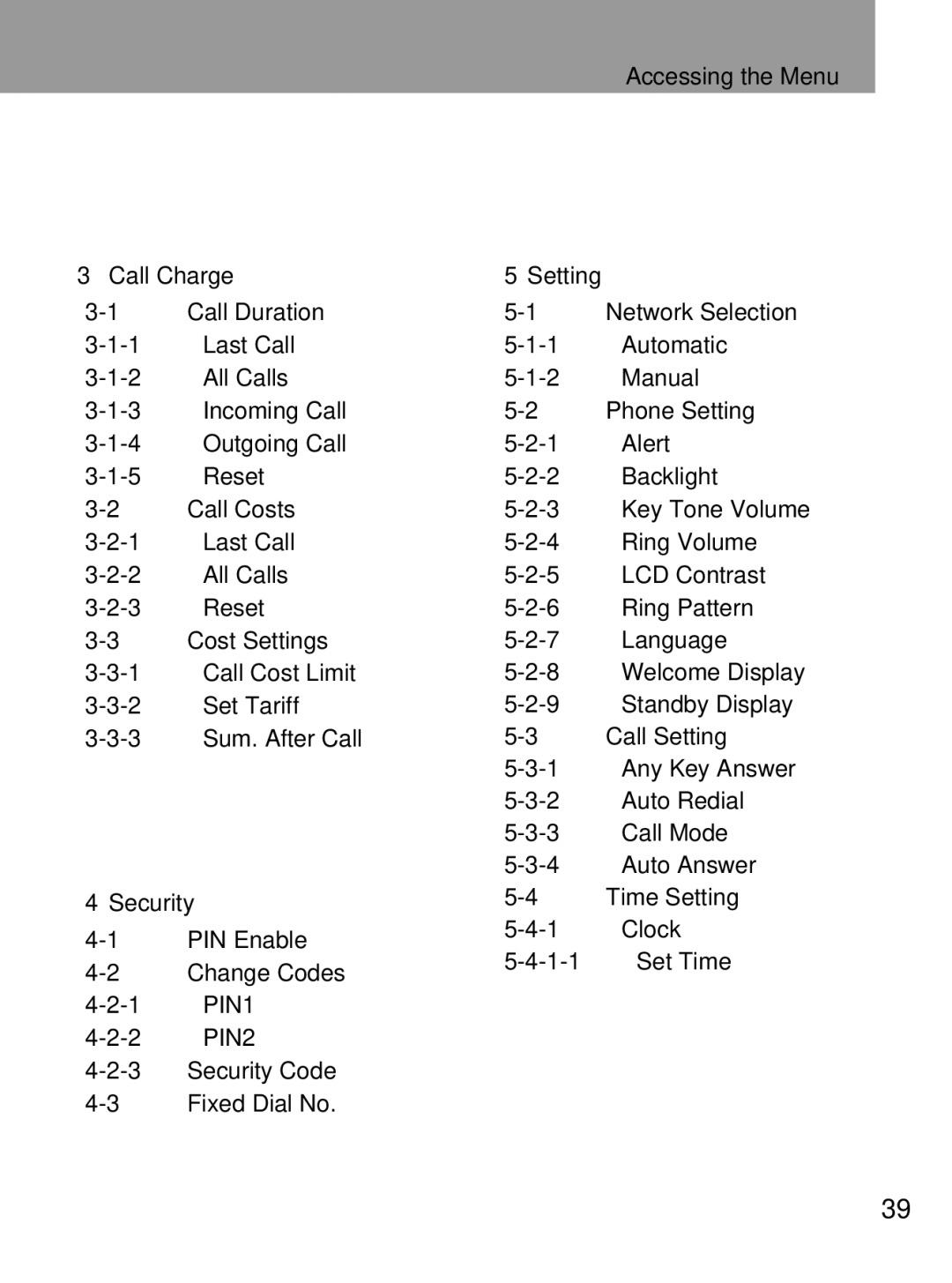 LG Electronics 600 user manual Accessing the Menu Call Charge, Security 