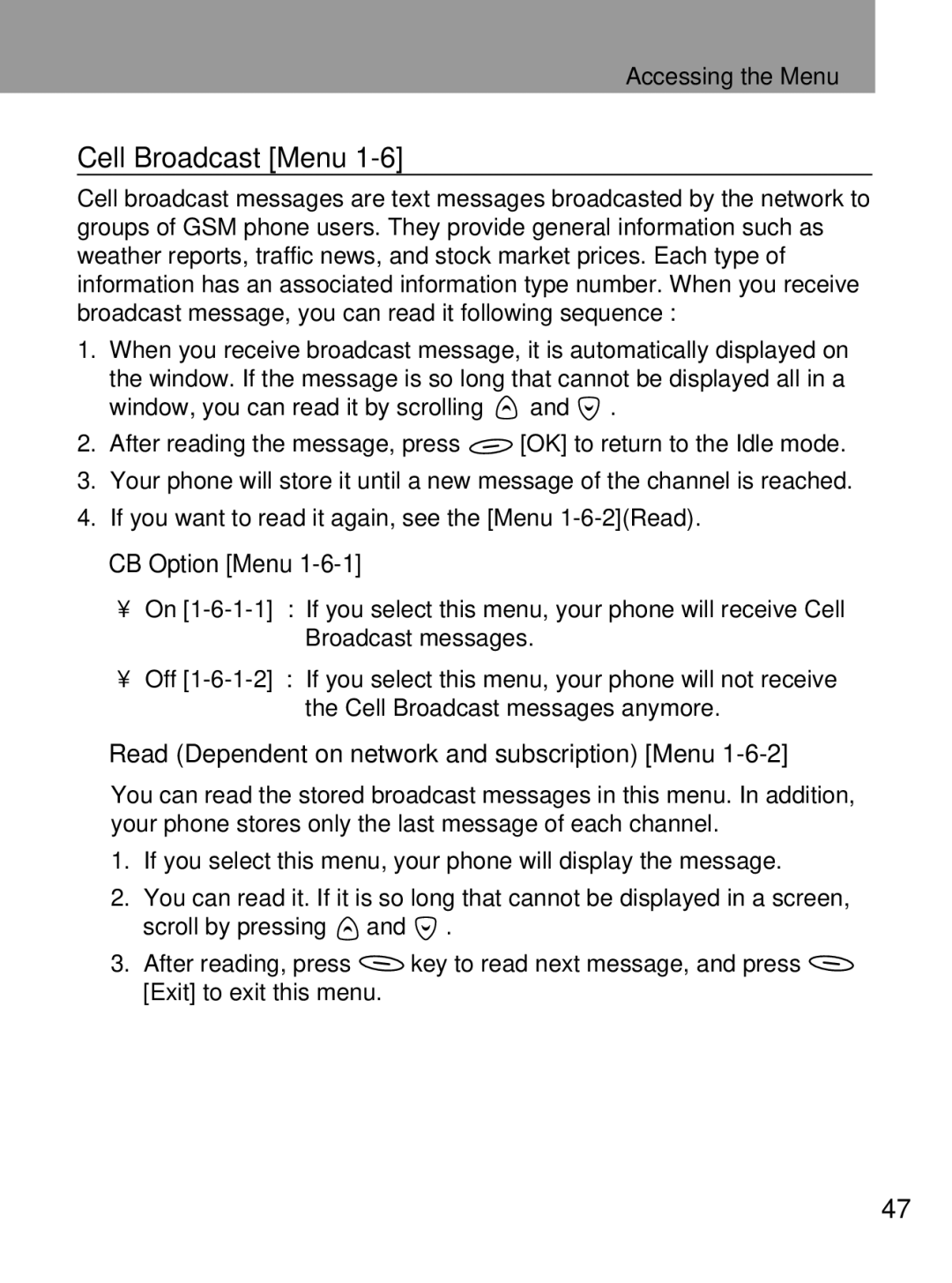 LG Electronics 600 user manual Cell Broadcast Menu, CB Option Menu, Read Dependent on network and subscription Menu 