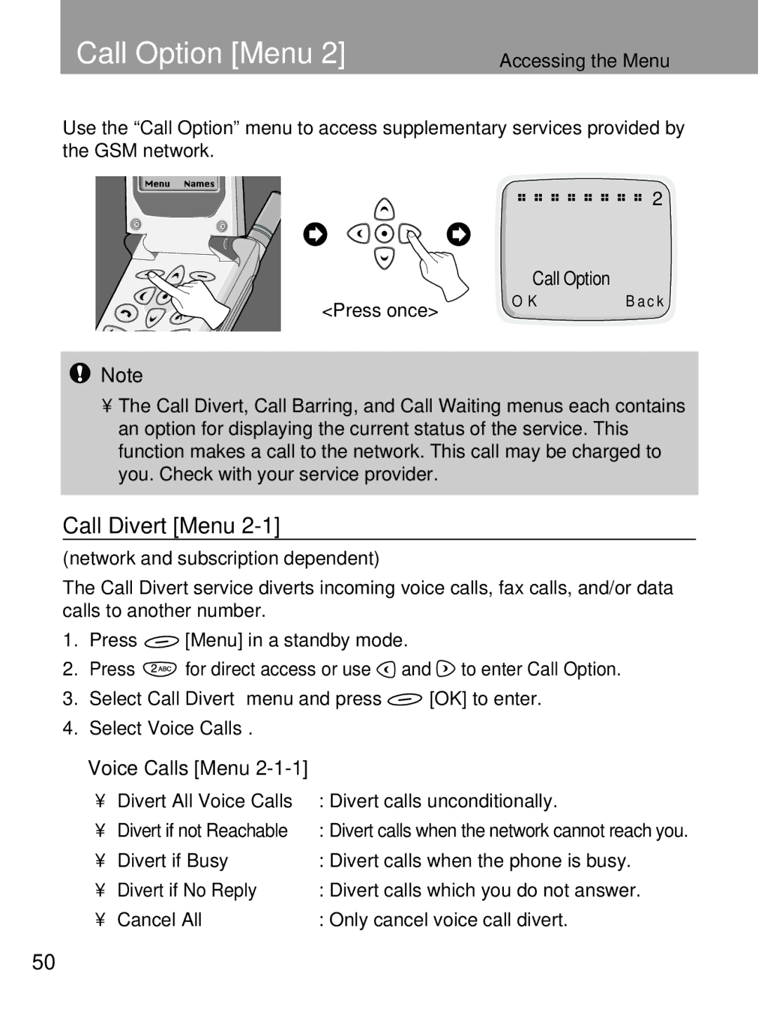 LG Electronics 600 user manual Call Option Menu, Call Divert Menu 