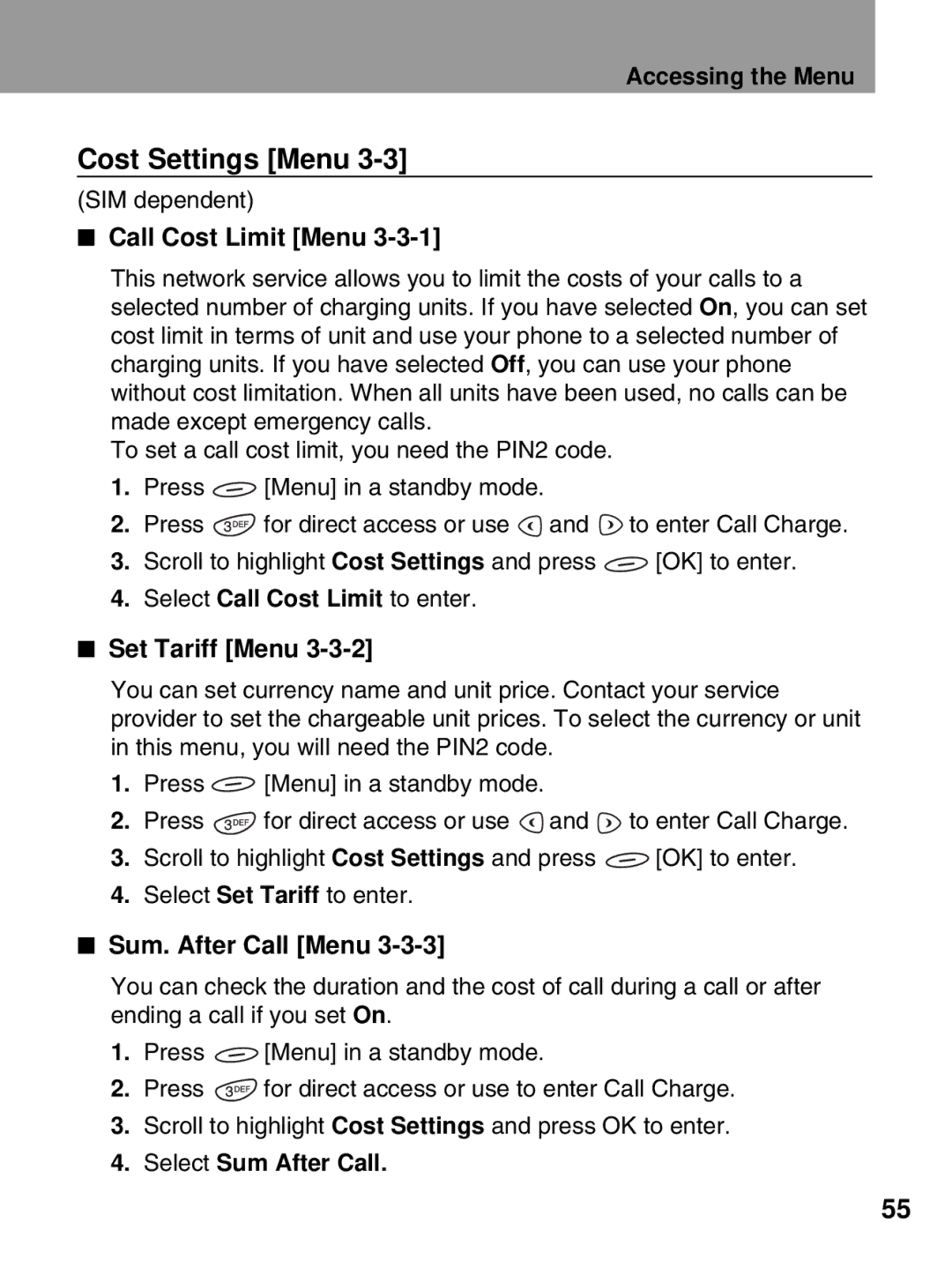 LG Electronics 600 Cost Settings Menu, Call Cost Limit Menu, Set Tariff Menu, Sum. After Call Menu, Select Sum After Call 