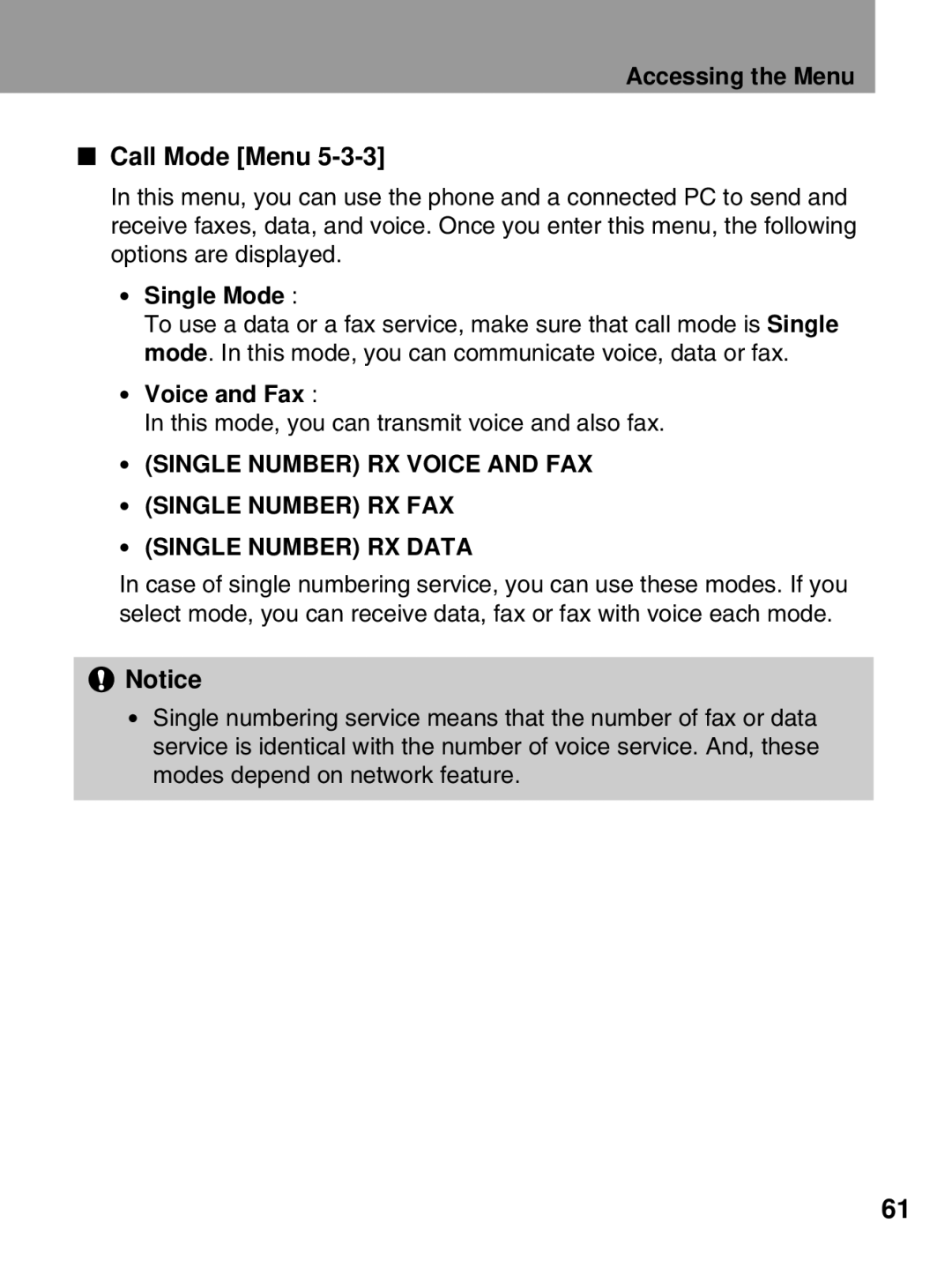 LG Electronics 600 user manual Accessing the Menu Call Mode Menu, Single Mode, Voice and Fax 