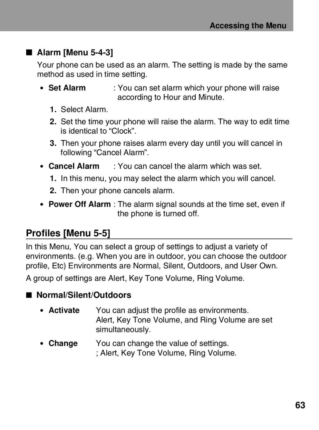 LG Electronics 600 user manual Profiles Menu, Accessing the Menu Alarm Menu, Normal/Silent/Outdoors 