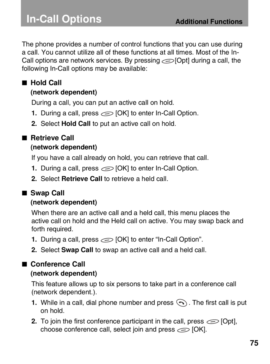 LG Electronics 600 user manual In-Call Options, Hold Call Network dependent, Swap Call Network dependent 