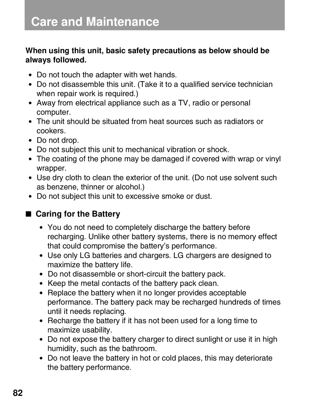 LG Electronics 600 user manual Care and Maintenance, Caring for the Battery 